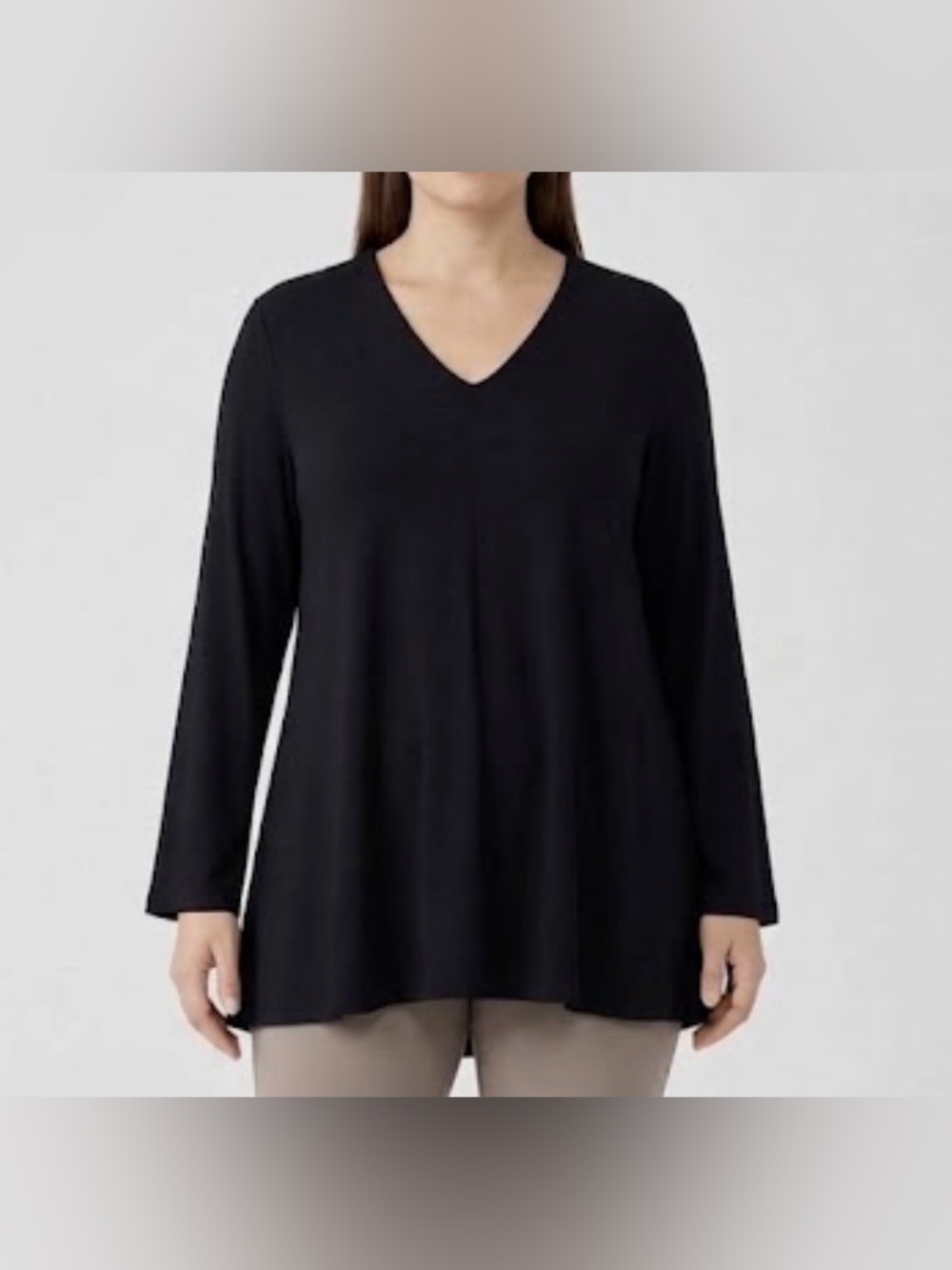 Eileen Fisher Black Notched V-Neck Long Sleeve Tunic Blouse PM Shift Layering